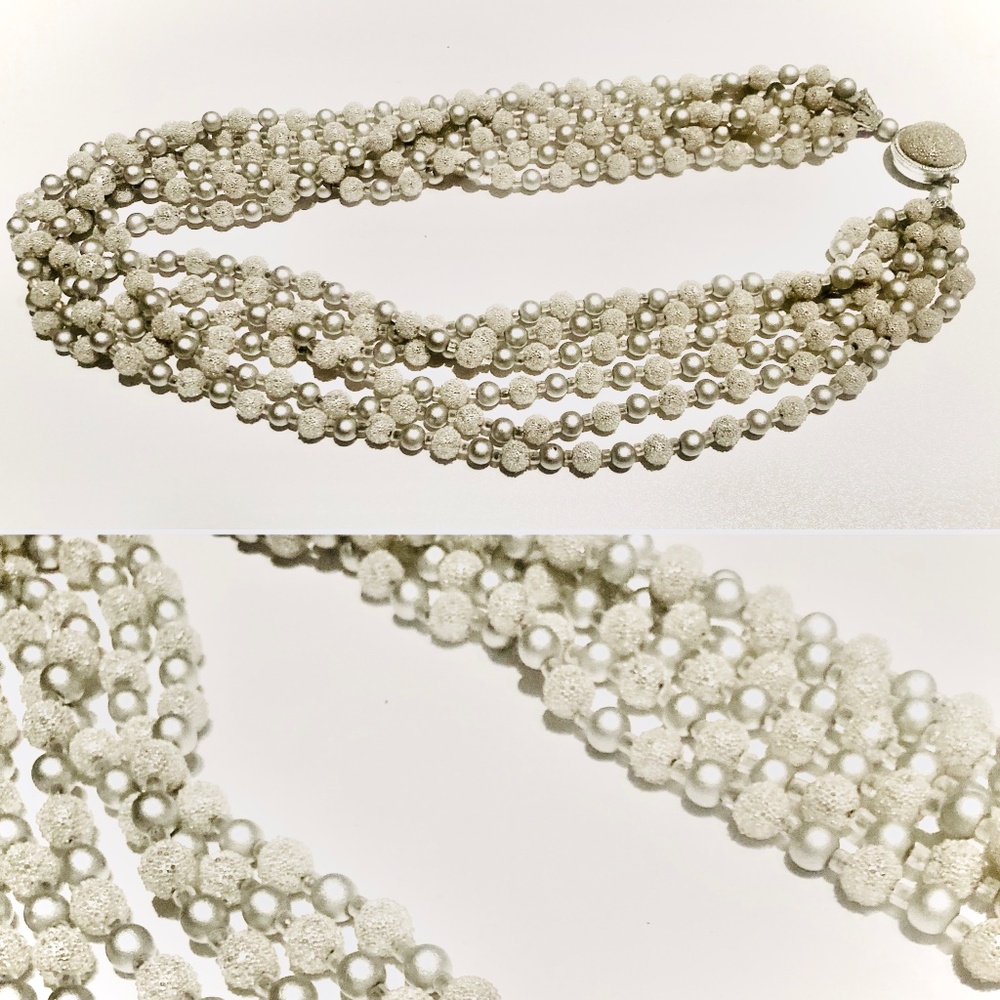 Chunky Silver and Cream Multi-Strand Beaded Necklace